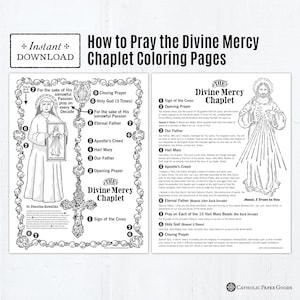 May include: Black and white printable coloring pages titled "How to Pray the Divine Mercy Chaplet." The pages include instructions, prayers, and illustrations of religious figures and symbols. The text "Instant Download" is at the top.