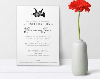 Catholic Ven Espíritu Santo Confirmation Invitation Spanish Customizable Black & White en Español  Boy or Girl  Downloadable Template 5x7
