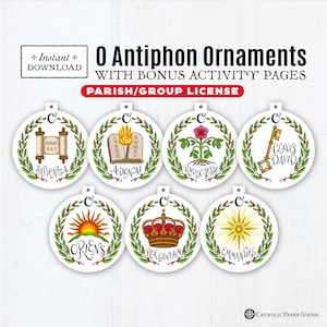 O Antiphons Parish Use License, 7 Printable Color Ornaments with 2 Bonus O Antiphon Activity Pages, Instant Download, PDF 3.75 Advent Decor