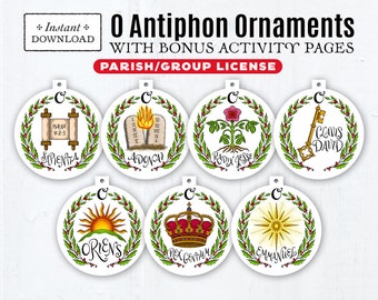 O Antiphons Parish Use License, 7 Printable Color Ornaments with 2 Bonus O Antiphon Activity Pages, Instant Download, PDF 3.75 Advent Decor