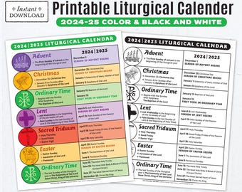 2024-25 Printable Catholic Liturgical Calendar: 8.5x11 Color and BW Coloring Page, Catholic Education, Lent, Advent, Ordinary Time
