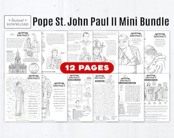 Pope Saint John Paul II Mini Activity Bundle: 12 Pages Catholic Kids Printable Coloring Pages and Games for Homeschool & Classroom