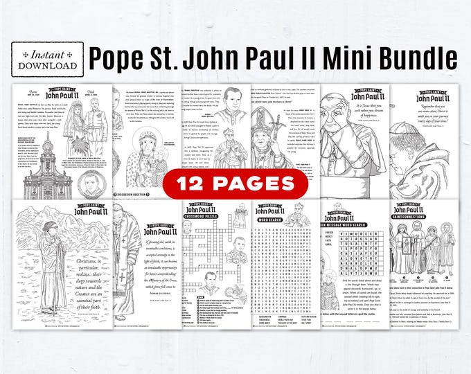 Featured listing image: Pope Saint John Paul II Mini Activity Bundle: 12 Pages Catholic Kids Printable Coloring Pages and Games for Homeschool & Classroom