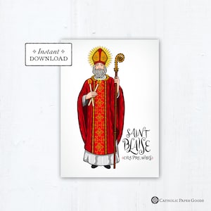 Saint Blaise Card, Art Print, Instant Download, DIY Downloadable PDF 5&quot;x7&quot; Catholic Saint Printable Confirmation Gift St Blaise
