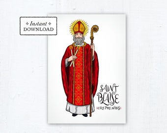 Saint Blaise Card, Art Print, Instant Download, DIY Downloadable PDF 5"x7" Catholic Saint Printable Confirmation Gift St Blaise