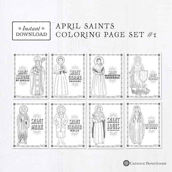 Catholic Coloring Pages - April Saints Set #1 - Bundle of 8 - Catholic Saints - Printable Coloring Pages - Digital - PDF Download