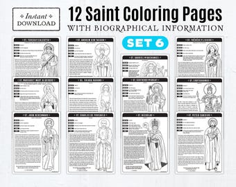 Set #6: 12 Catholic Saint Coloring Pages with Biographical Information, Catholic Printables, All Saints Day, All Saints Day Party, CCD, RCIA