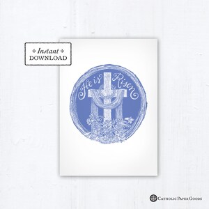 Catholic Easter He is Risen Digital Woodcut Greeting Card, Catholic Printable Easter Card Alleluia Instant Download, Blue PDF 5x7