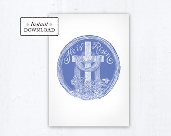 Catholic Easter He is Risen Digital Woodcut Greeting Card, Catholic Printable Easter Card Alleluia Instant Download, Blue PDF 5x7