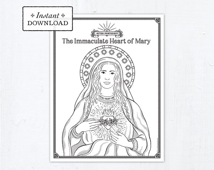 Featured listing image: Catholic Coloring Page - The Immaculate Heart of Mary - Catholic Saints - Printable Coloring Page - Digital - PDF