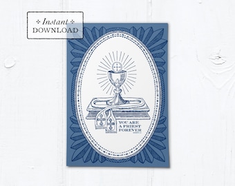 Catholic Priestly Ordination Card Navy Blue Ciborium - Instant Download - DIY Downloadable PDF 5"x7"