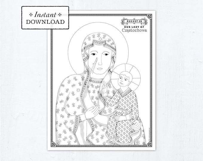 Catholic Coloring Page, Our Lady of Czestochowa, Catholic Marian Coloring Page, Printable Coloring Page, Digital Coloring Page, PDF