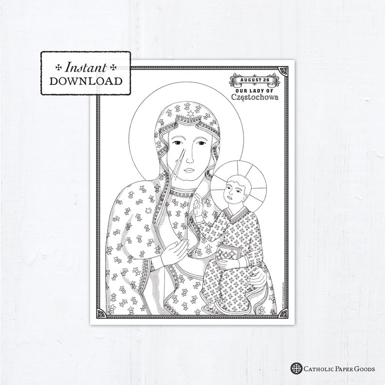 Catholic Coloring Page, Our Lady of Czestochowa, Catholic Marian Coloring Page, Printable Coloring Page, Digital Coloring Page, PDF image 1