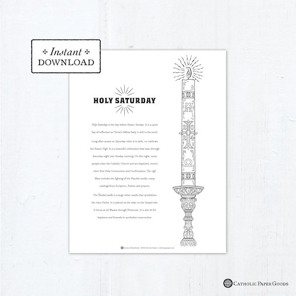 Holy Saturday Catholic Coloring Page Easter Vigil, Jesus is Risen, Printable Coloring Page, Paschal Candle, Triduum, Catholic Holy Week