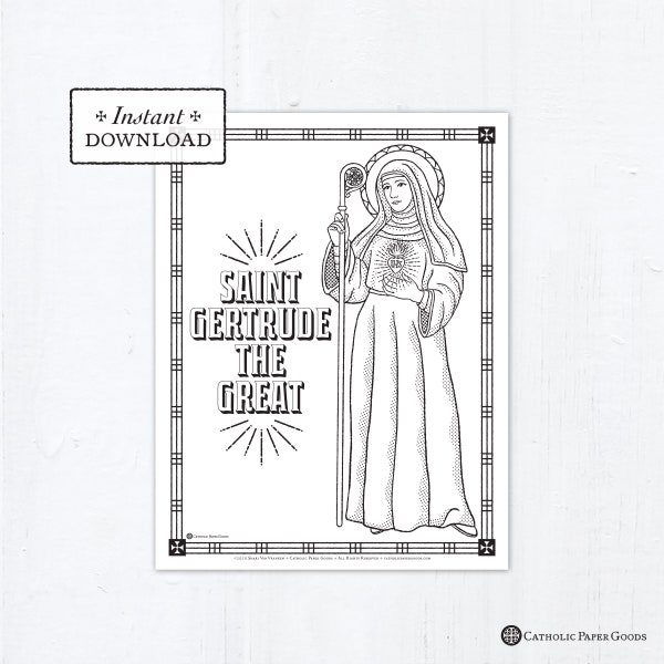 Katholieke kleurplaat - Sint Gertrude de Grote - katholieke heiligen - afdrukbare kleurplaat - digitaal - PDF