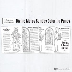 Puede incluir: Páginas para colorear en blanco y negro del Domingo de la Divina Misericordia. Las páginas presentan ilustraciones de Jesús, Santa Faustina Kowalska e imágenes religiosas relacionadas. El texto "Jesús, confío en ti" es visible.