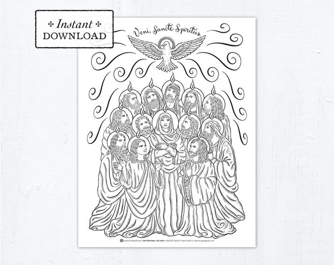 Featured listing image: Mary & the 12 Apostles Pentecost Coloring Page: Catholic Printable (Digital Download PDF)