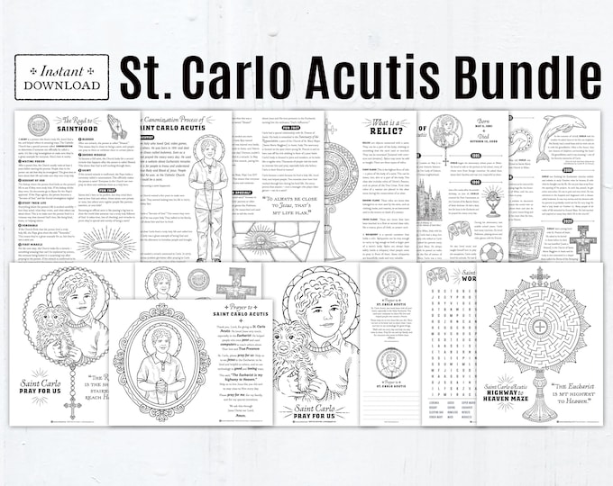 Featured listing image: Saint Carlo Acutis Activity Bundle, Saint Carlo Coloring Pages, 15 Printable Activities, Coloring Pages, St Carlo Maze, St Carlo Word Search