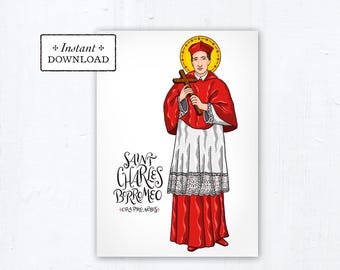 Saint Charles Borromeo Card, Art Print, Instant Download, DIY Downloadable PDF 5"x7" Catholic Saint Printable Confirmation Gift Baptism Gift
