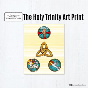 Puede incluir: Lámina artística titulada "La Santísima Trinidad" con tres ilustraciones circulares y un diseño de nudo central. La ilustración superior muestra una mano, el centro un nudo y las dos inferiores muestran un cordero y una paloma. También se ve el texto "Descarga instantánea".