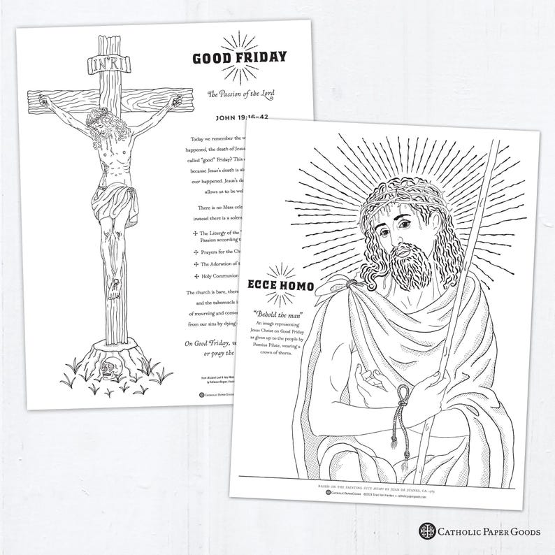 May include: Black and white coloring page featuring a depiction of Jesus Christ on the cross with the text "INRI" above him. The page also includes a smaller image of Jesus Christ with a crown of thorns and the text "ECCE HOMO" and "Behold the man".