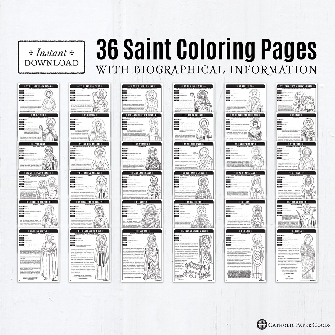 36 Catholic Saint Coloring Pages With Biographical Information, Bundle ...