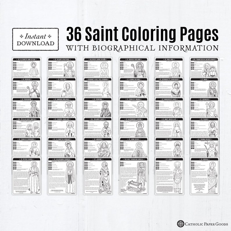 36 Catholic Saint Coloring Pages with Biographical Information, Bundle 1, Catholic Printables, All Saints Day, All Saints Day Activity, CCD image 1