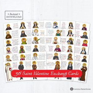 Catholic Saints Valentine Exchange Cards Bundle of 36 Full Color - Printable - DIY Downloadable PDF - 8.5x11 - Catholic Printable Valentines