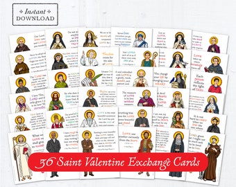 Catholic Saints Valentine Exchange Cards Bundle of 36 Full Color - Printable - DIY Downloadable PDF - 8.5x11 - Catholic Printable Valentines