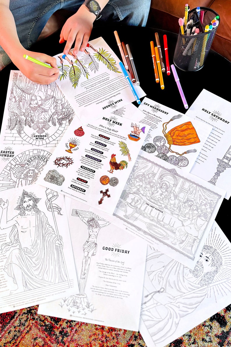 May include: A set of printable coloring pages for Holy Week, featuring illustrations of Jesus, the Last Supper, and other scenes from the Bible. The pages are black and white and ready to be colored in.