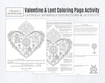 Catholic Valentine Lent Symbols Coloring Page & Activity, Catholic Valentine's Day, 3 Printable Coloring Pages, Lent Coloring Pages