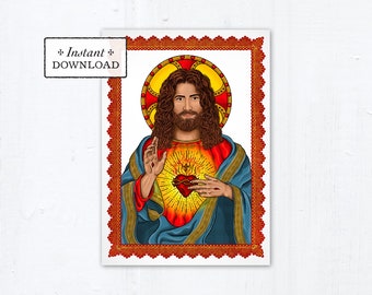 Sacred Heart of Jesus Prayer Card, Print & Greeting Card, 5x7 Printable PDF A7 Jesus Christ Sacred Heart of Jesus Month of June