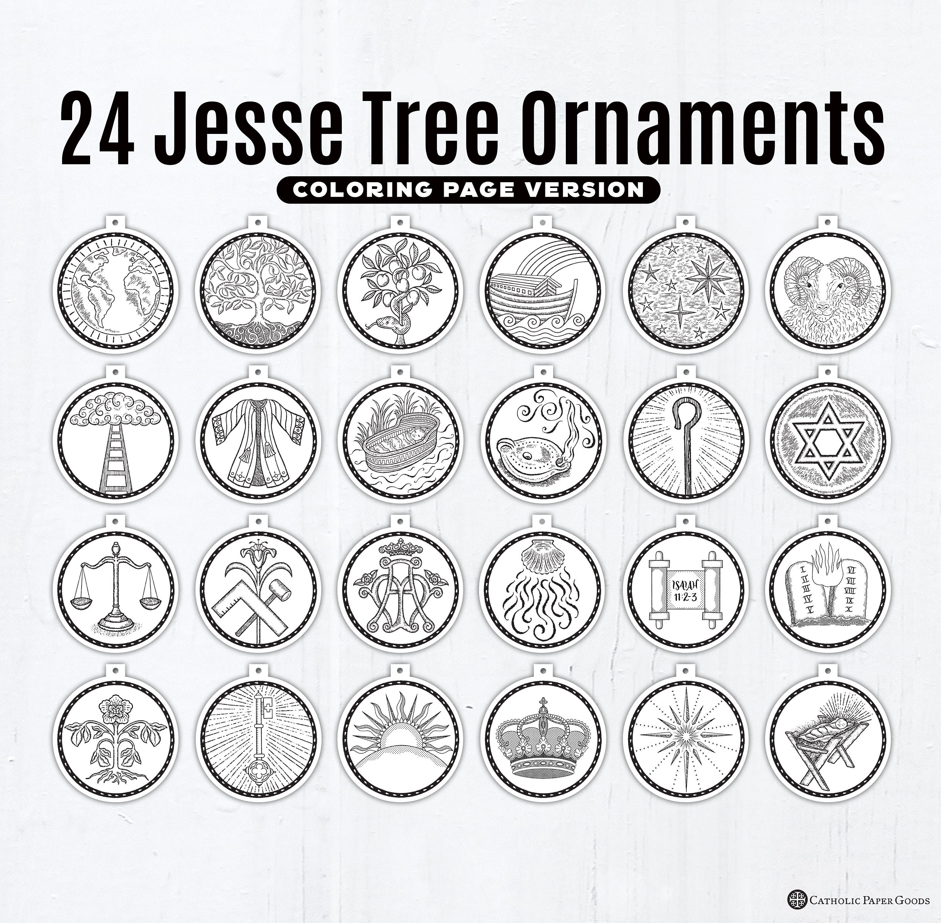 24 Jesse Tree Printable Ornaments PDF Coloring Page Ornaments 