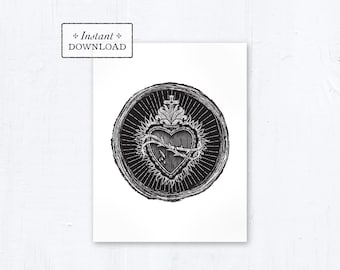 Catholic Greeting Card Sacred Heart Woodcut Black - Printable - DIY Downloadable PDF - A2 4.25”x5.5"