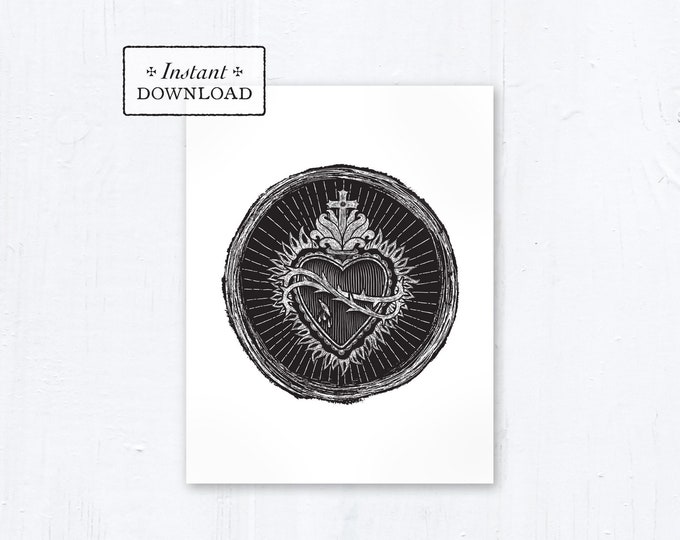 Catholic Greeting Card Sacred Heart Woodcut Black - Printable - DIY Downloadable PDF - A2 4.25”x5.5"