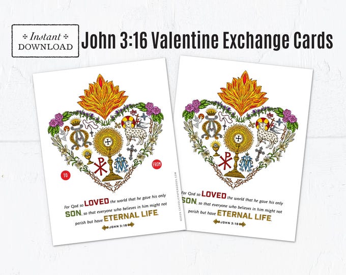 Featured listing image: Catholic John 3:16 Valentine Exchange Cards - Printable Catholic Exchange Cards (PDF)