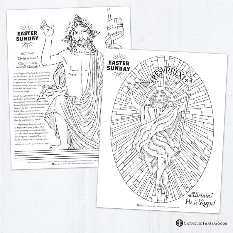 May include: Black and white coloring page featuring two illustrations of Jesus Christ. The first illustration shows Jesus standing with his arms raised, while the second illustration shows Jesus in a circular frame with rays of light emanating from him. The text "Alleluia! He is Risen!" is written at the bottom of the page. The text "Easter Sunday" is written at the top of the page.