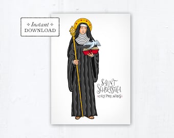 Saint Scholastica Card, Art Print, Instant Download, DIY Downloadable PDF 5"x7" Catholic Saint Printable Confirmation Gift St Scholastica