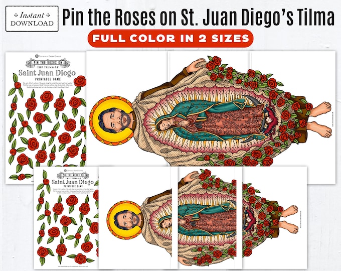 Featured listing image: Pin the Halo on St. Juan Diego's Tilma Printable Game: Catholic All Saints Day Game, Our Lady of Guadalupe Printable Activity