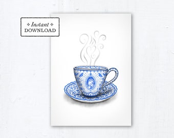 Marian Teacup Card - Art Print - Instant Download - DIY Downloadable PDF 5"x7" - Catholic Printable Card Mother's Day Card Marian Art