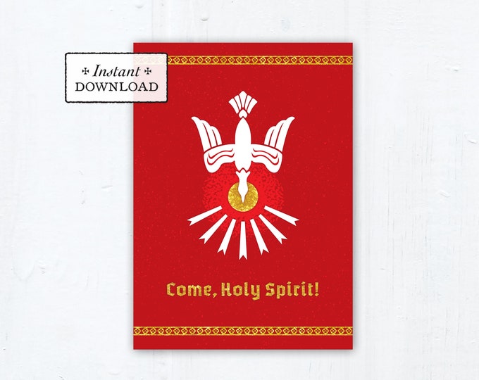 Featured listing image: Come Holy Spirit Catholic Confirmation Greeting Card Dove, Red, Instant Download, Printable 5x7 Confirmation Card, Catholic Sacrament Card