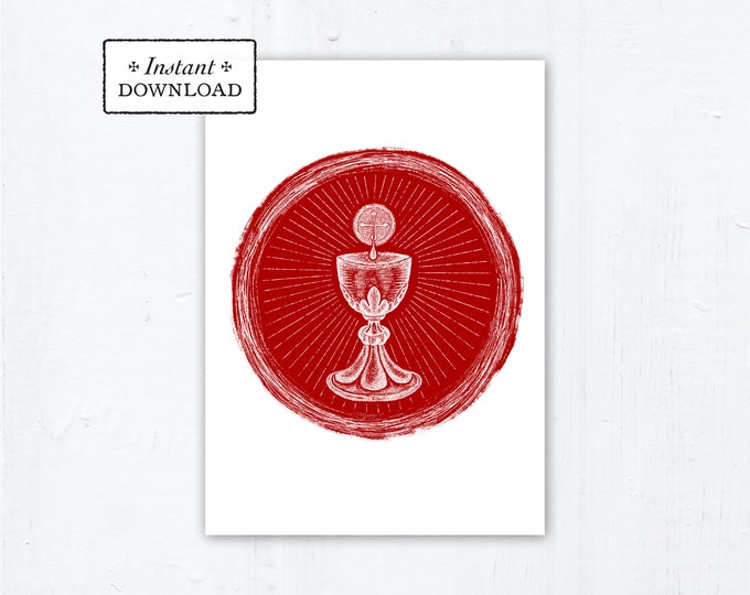 Featured listing image: Body and Blood of Christ Red Catholic First Communion Card, Download, Printable Card 5x7, Catholic Greeting Card First Communion Eucharist