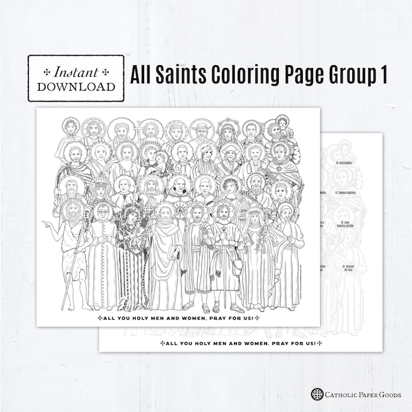 All Saints Group 1 Catholic Coloring Pages, Catholic Prayers, Printable Coloring Page with Guide & 35 Saints, Digital PDF, All Saints Day