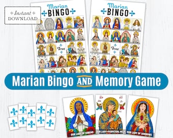 Marian Bingo Game, Marian Memory Game, May Month of Mary Game, Catholic Games for Kids, Printable Catholic Game, Blessed Virgin Mary Bingo