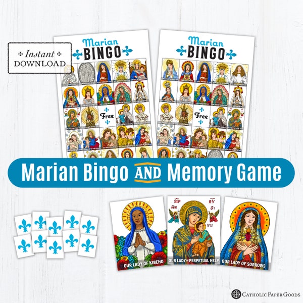 Marian Bingo Game, Marian Memory Game, May Month of Mary Game, Catholic Games for Kids, Printable Catholic Game, Blessed Virgin Mary Bingo