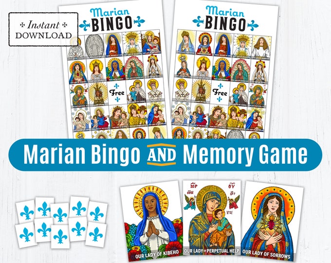Featured listing image: Marian Bingo Game, Marian Memory Game, May Month of Mary Game, Catholic Games for Kids, Printable Catholic Game, Blessed Virgin Mary Bingo