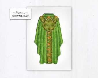 Green Chasuble Printable Greeting Card for Catholic Priest, Priesthood Sunday, Priest Thank You Card, Catholic Priest Ordination Card A7