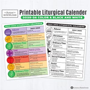 2025-26 Printable Catholic Liturgical Calendar: 8.5x11 Color and BW Coloring Page, Catholic Education, Lent, Advent, Ordinary Time