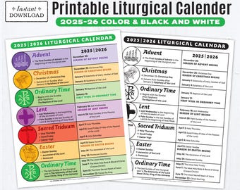 2025-26 Printable Catholic Liturgical Calendar: 8.5x11 Color and BW Coloring Page, Catholic Education, Lent, Advent, Ordinary Time