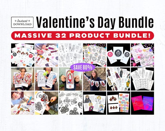 Featured listing image: Valentine's Day Printable Bundle: Coloring Pages, Greeting Cards, Exchange Cards, Sacred Heart Banners, Candy Cards, Saint Cards